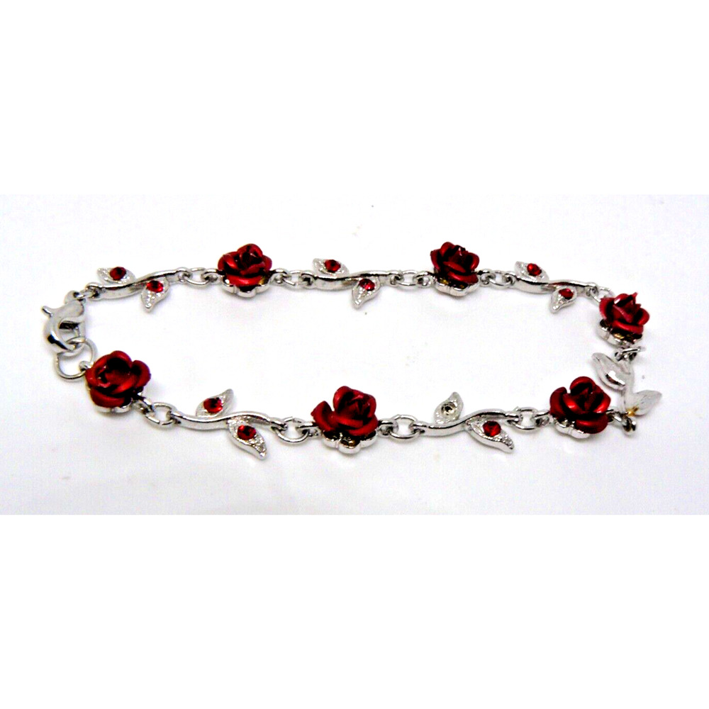 Red ROSE FLOWER~ made with Swarovski Crystal Floral Bridal Wedding Bracelet SEE